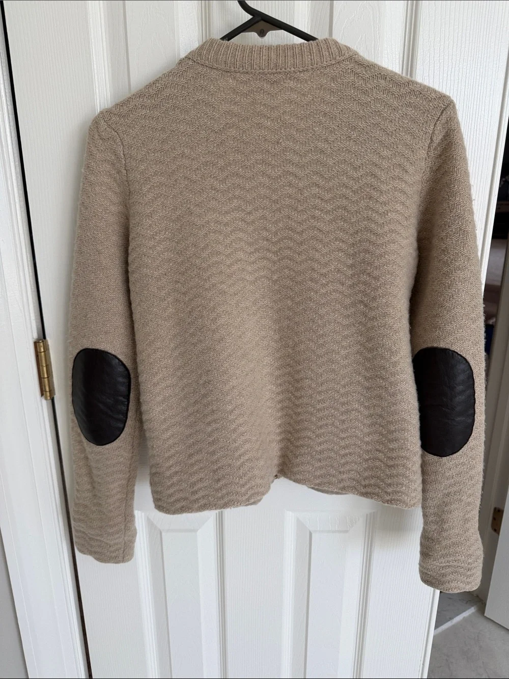 Tory Burch 100% Wool Zip Cardigan Sweater Leather Elbow Patches S